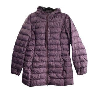 EDDIE BAUER Women Down Quilted Puffer Coat Sz M Purple Hood Pockets 90-10